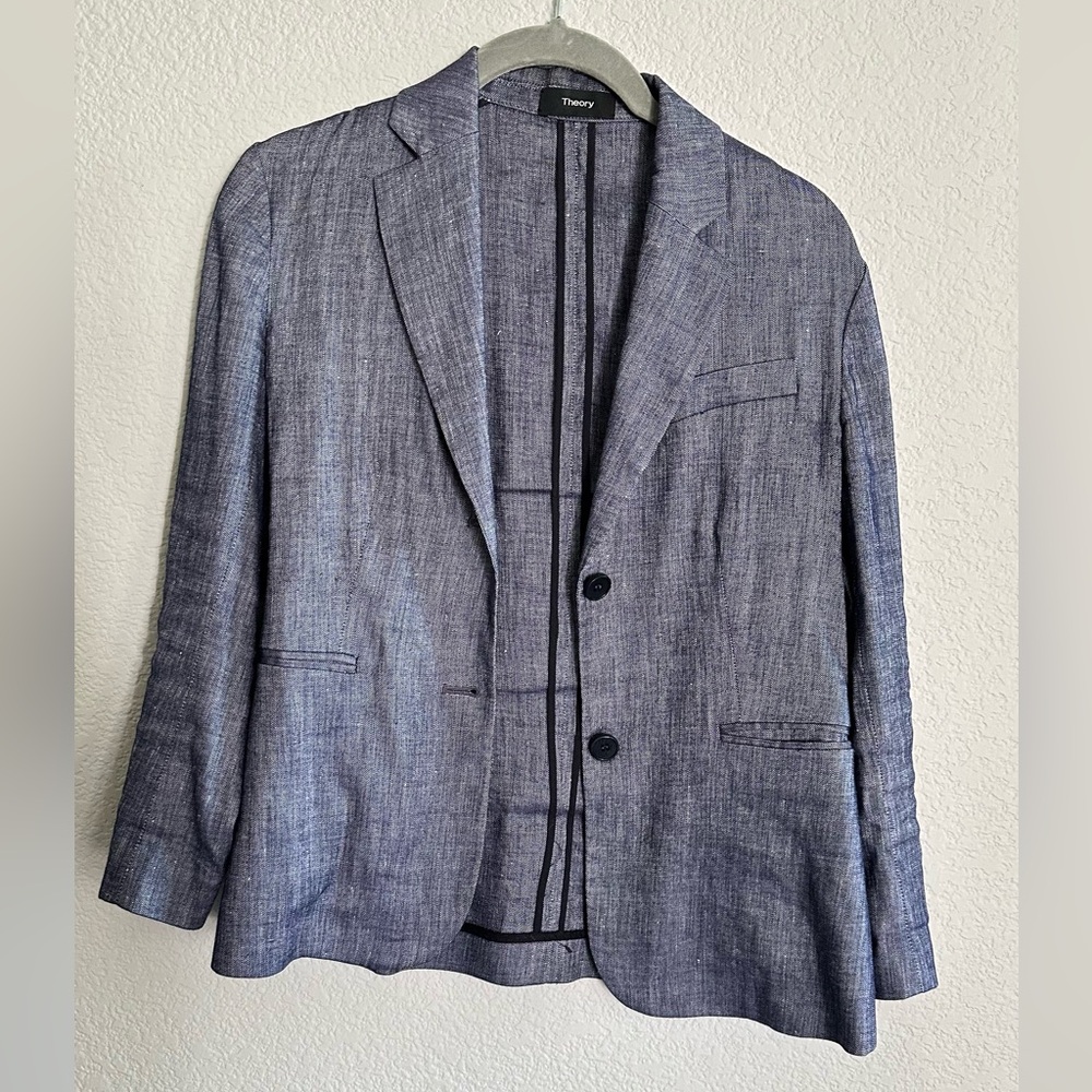 Theory linen-blend blazer in a grey/blue color.